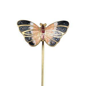 Enamel Butterfly Stick Pin Gold Tone Blue Copper